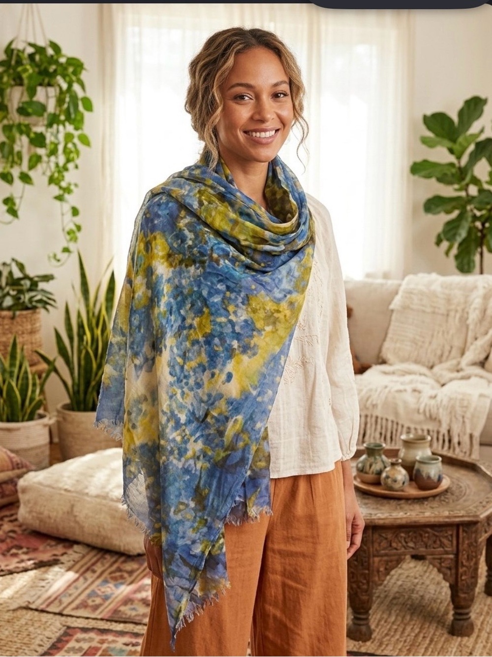 Debbie Martin Designs Blue Yellow
Watercolor Floral Fringe Wrap Scarf OS